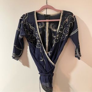 Vivian Tam Blue Cotton Embroidered Wrap Around Top Size 1. This is a rare piece